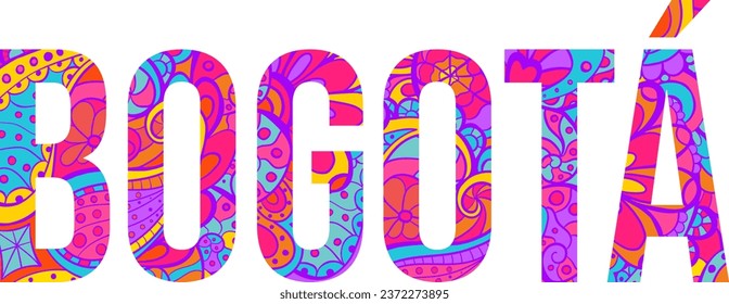 Bogota creative text, filled with colorful doodle pattern