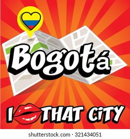 Bogota. I Love That City. Vector Illustration with country flag.