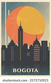 Bogota retro city poster with abstract shapes of skyline, buildings. Colombia vintage travel vector illustration, cityscape at sunrise, sunset