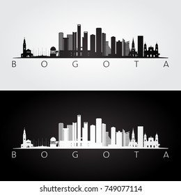 Bogota skyline and landmarks silhouette, black and white design, vector illustration.