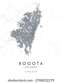 Bogotá Vector imprimir mapa. Mapa detallado de la ciudad en Colombia. Mapa de calles minimalista decorativo turístico.