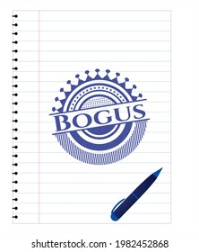 Bogus emblem with pen effect. Blue ink. Vector Illustration. Detailed. 