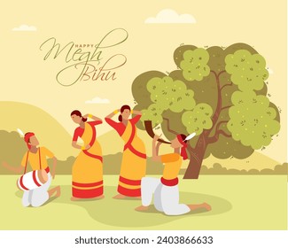 Bohag Bihu or Rongali Bihu  also called Xaat Bihu is a traditional ethnic festival celebrated in the Northeastern Indian state of Assam. Greeting design for the same with illustration.