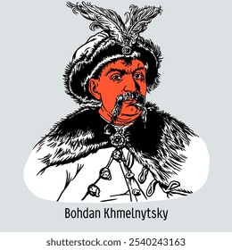 Bohdan Khmelnytsky - Hetman des zaporizhischen Gastgebers, Militärführer, Politiker und Staatsmann. Handgezeichnete Vektorgrafik