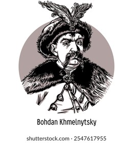 Bohdan Khmelnytsky - Hetman del Zaporizhian Host, líder militar, político y estadista. Ilustración vectorial dibujada a mano