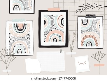 Bohemian abstract posters. Modern hand drawn Prints with rainbow in Boho style. 
