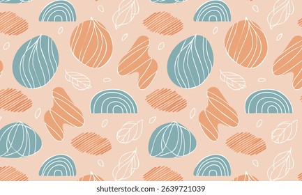 Bohemian abstract seamless pattern with textured shapes and leaves