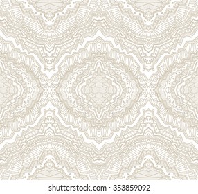 Bohemian abstract vector seamless geometrical pattern from beige and white hand drawn rhombus, Eskimo ornaments, lacy wavy stripes. Textile fantasy print. Wrapping paper. Batik painting