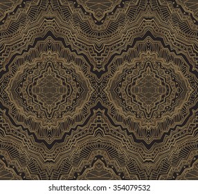 Bohemian abstract vector seamless geometrical pattern from gold and black hand drawn rhombus, Eskimo ornaments, lacy wavy stripes. Textile fantasy print. Wrapping paper. Batik painting