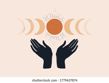 Bohemian aesthetic illustration with hands and moon phases. Minimalist print. Natural pastel colors. 