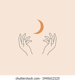 Bohemian aesthetic illustration with hands and moon. Minimalist print. Natural pastel colors.