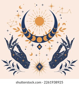Bohemian aesthetic illustration with hands and moon phases Boho chic tattoo, poster or altar veil print design vector illustration.