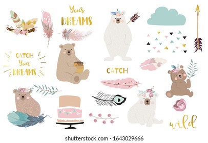 Bohemian animal object set with bear,dreamcatcher,feather,arrow,cloud. illustration for logo,sticker,postcard,birthday invitation.Editable element