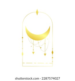 Bohemian Arch gold Esoteric design. Celestial Frame line with moon and star. Minimal Celestial geometry Frame. Boho vector illustration. Esoteric magic elements.