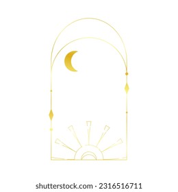 Bohemian Arch gold Esoteric design. Celestial Frame line with moon and star. Minimal Celestial geometry Frame. Boho vector illustration. Esoteric magic elements.