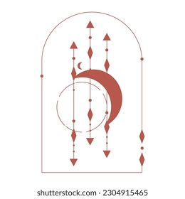 Bohemian Arch terracotta Esoteric design. Celestial Frame line with moon and star. Minimal Celestial geometry Frame. Boho vector illustration. Esoteric magic elements.