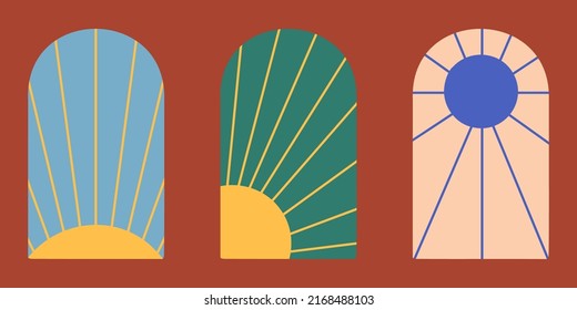Bohemian arch windows geometric abstract design elements for decoration. Simple minimalistic boho sun with rays in arch composition. Wall art, posters, card, home interior vector illustration
