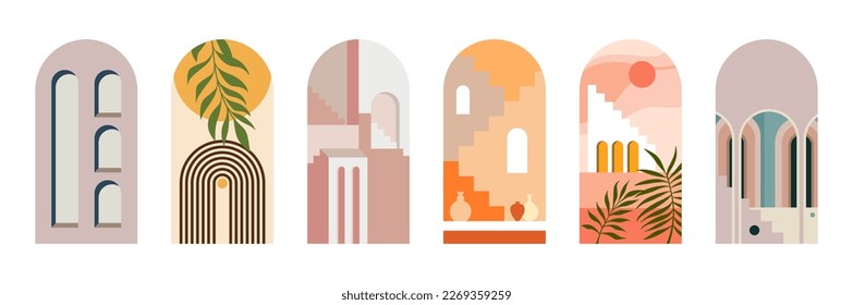 Arquitectura bohemia en vector aislado sobre un fondo blanco. Iconos en la decoración y el interior. Casas de Marruecos. Dibujo abstracto de una casa con columnas. Arquitectura tropical