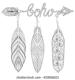 Bohemian Arrow, Hand drawn Amulet wih word Boho and feathers for adult coloring pages, art therapy, ethnic patterned t-shirt print. Bohochic style. Doodle Illustration, tattoo design.