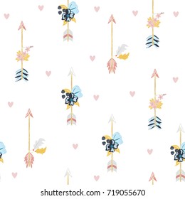 Bohemian arrows with flowers and feathers seamless pattern. Vector hand drawn illustration.
