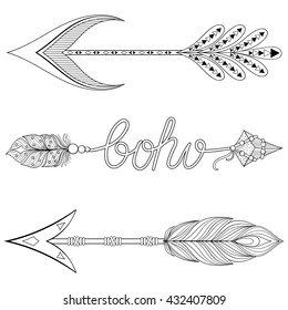 Bohemian  Arrows set with feathers. Hand drawn elements for adult coloring pages, art therapy, ethnic patterned t-shirt print, Boho chic tribal style. Doodle Illustration, henna tattoo design.