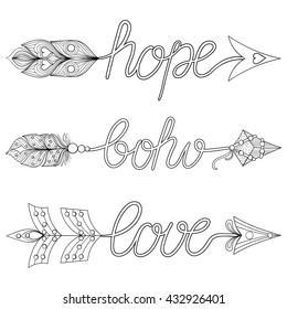 Bohemian Arrows, Signs Boho, Love, Hope with feathers  for adult coloring pages, art therapy, ethnic patterned t-shirt print, Bohochic style. Doodle Illustration, tattoo design.