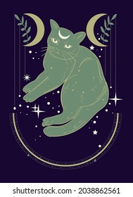 Bohemian art style illustration with cat. Cute witchy background.