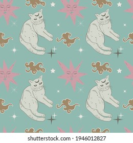 Bohemian art style seamless pattern with sky and cats. Cute space background.