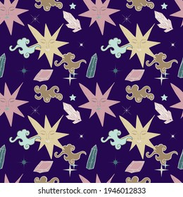 Bohemian art style seamless pattern with night sky and crystal gems.