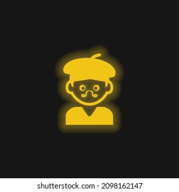 Bohemian Artist Man With Hat And Moustache yellow glowing neon icon