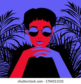 Bohemian artsy hipster woman surrounded by palm leaves. Fashion vector illustration in minimalist simple style.