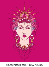 bohemian asian woman in crown and floral garland