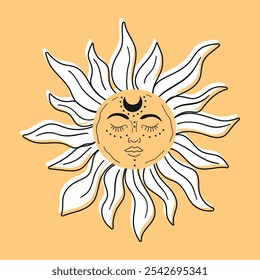 Bohemian astrological sun illustration serene face on orange background. Cute vector sun in spiritual tarot concept. For postcards, tarot cards and mystical decor.