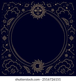 Bohemian astrology celestial border, mystic tarot frame featuring magical and ethereal elements such as suns, stars, moons, clouds, and constellations. Vector background with gold linear ornaments