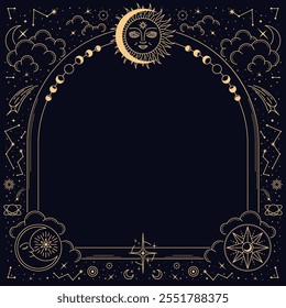 Astrologia boêmia fronteira celeste ou quadro místico de Tarot, fundo vetorial. Símbolos de astrologia boêmia mágica de esotérico, oculto e bruxaria com estrelas celestiais constelação, lua e sol