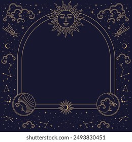 Marco de astrología bohemia, borde de tarot místico, patrón mágico. Vector celestial, místico, espiritual o astrológico con constelaciones de sol, luna y estrellas, nubes y cometas de estilo boho