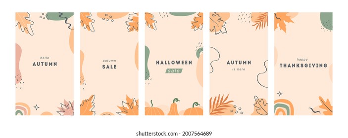 Bohemian Autumn Mood Botanical Instagram Story Templates. Set Of Modern Fall Season Vertical Cards Or Banners With Forest Foliage And Abstract Geometrical Shapes. Vector Background For Social Media.