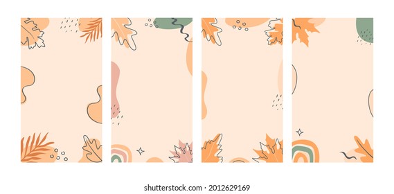 Bohemian Autumn Mood Botanical Instagram Story Templates. Set Of Modern Fall Season Vertical Cards Or Banners With Forest Foliage And Abstract Geometrical Shapes. Vector Background For Social Media.