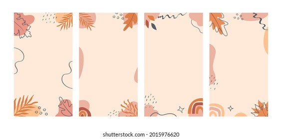 Bohemian Autumn Mood Botanical Instagram Story Templates. Set Of Modern Fall Season Vertical Cards Or Banners With Plants And Abstract Geometrical Shapes. Vector Background With Copy Space For Text.