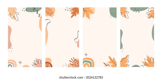 Bohemian Autumn Mood Botanical Instagram Story Templates. Set Of Modern Fall Season Cards Or Banners With Forest Foliage, Rainbows And Abstract Geometrical Shapes. Vector Backgrounds For Social Media.