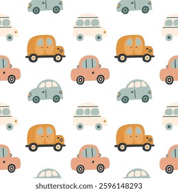 Bohemian baby car seamless pattern. Simple childish boho colorful cars for nursery, packaging, poster, textile, print, wallpaper. Cartoon nordic hand drawn illustration isolated on white background.