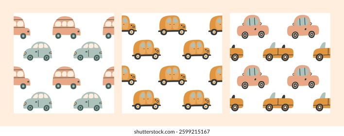 Bohemian baby car seamless pattern set. Simple childish boho colorful cars for nursery, package, poster, textile, print, wallpaper. Cartoon nordic hand drawn illustration isolated on white background.
