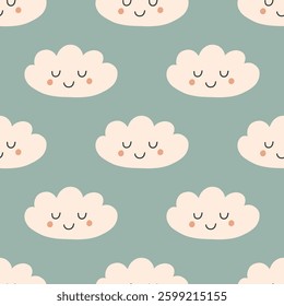 Bohemian baby cloud seamless pattern. Simple childish boho elements for nursery, packaging, poster, textile, print, wallpaper. Cartoon nordic hand drawn illustration isolated on blue background.