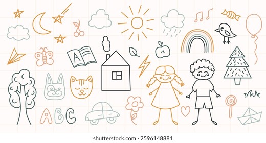 Bohemian baby daycare doodle set. Cute boho pastel kindergarten elements for children. Simple nordic template for nursery, print, poster, card. Hand drawn illustration, bold lines with colored marker.
