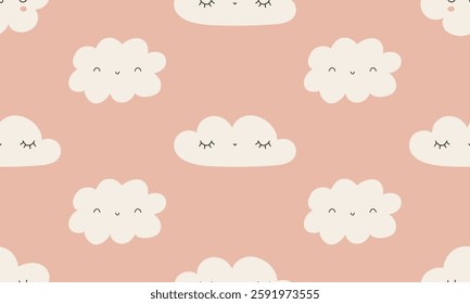 Bohemian Baby Pattern. Childish simple clouds on a pink background. Cute clouds for nursesy