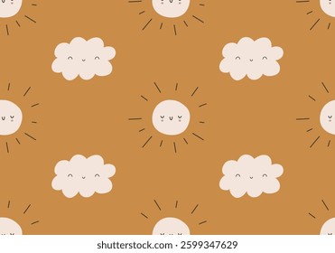 Bohemian Baby Pattern. Childish simple sun and cloud on a beige background. Cute sun and cloud for nursesy