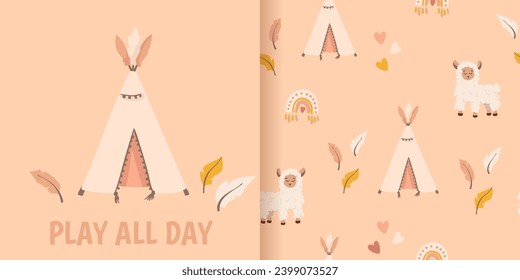 Bohemian baby pattern. Cute Boho vector print for textile, banner, clothes, wall decor in children's bedroom. Bohemian Seamless pattern with llama, alpaca and baby wigwam