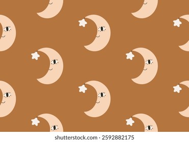 Bohemian baby pattern. Hand Drawn Cute Moons, vector simple illustration. Naive boho Moon. Scandinavian nursery print design