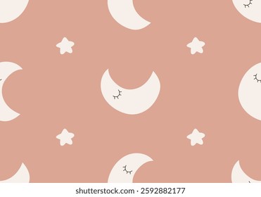 Bohemian baby pattern. Hand Drawn Cute Moons and starts, vector simple illustration. Naive boho Moon. Scandinavian nursery print design