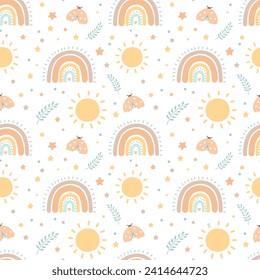 Bohemian baby pattern on white background. Seamless pattern in boho style with moth, sun and rainbow for textiles or fabric for newborns